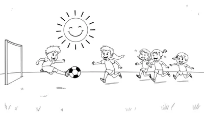 Niños jugando al fútbol en un campo con un sol sonriente, página para colorear en blanco y negro, con una pelota y portería.