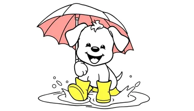 Una placa de color de un cachorro blanco con botas amarillas y paraguas rojo y blanco chapoteando en un charco.