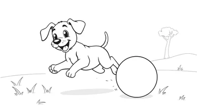Un cachorro corriendo felizmente con una pelota, diseño de placa de color.