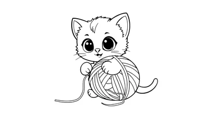 Un lindo gatito chibi jugando con una pelota de estambre, estilo de placa de color en blanco y negro.