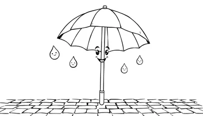 Un paraguas sonriente y gotas de lluvia amigables en una placa de color para colorear.