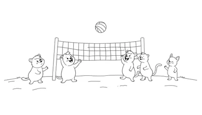 Página para colorear de una placa de color con animales jugando voleibol en la playa.
