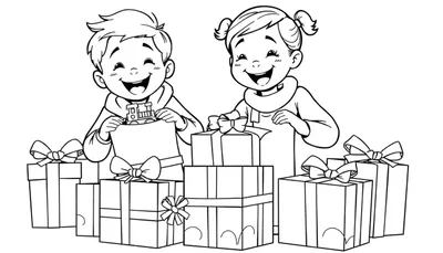 Placa de color: dos niños abriendo regalos de Navidad, uno con un tren de juguete, ambos sonriendo.