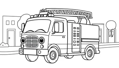 Camión de bomberos amigable listo para colorear, con gran escala y faros, sobre una placa de color urbano.