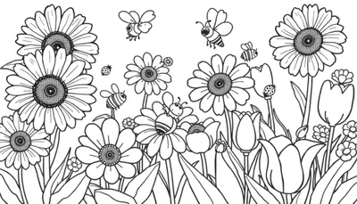 Placa de color: jardín de flores con abejas y mariquitas.