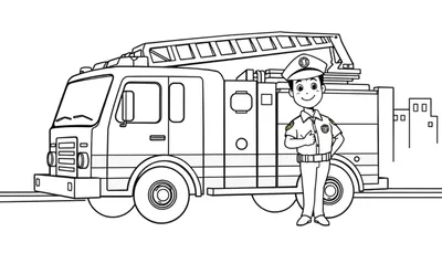 Página para colorear de un camión de bomberos amigable y un policía con la palabra 'placa de color' en la imagen.