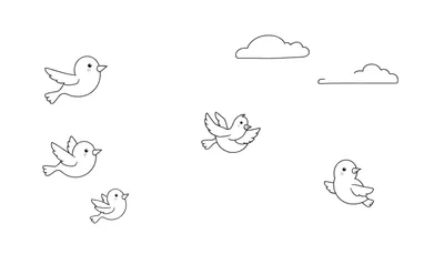 Placa de color con cinco pájaros negros de dibujos animados y ojos brillantes, con dos nubes en la parte superior derecha.