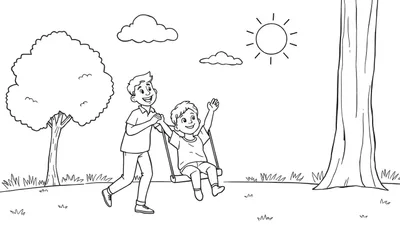 Niño feliz en un columpio empujado por su papá, diseñado con contornos para colorear en un parque soleado. ¡Una escena perfecta para agregar color a tu placa!
