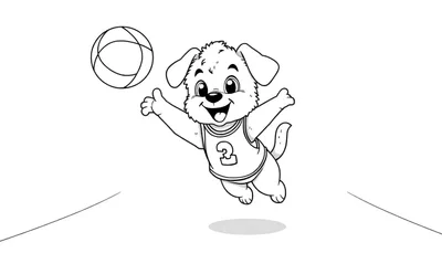Un cachorro sonriente jugando al baloncesto, listo para colorear en una placa de color.