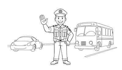 Un policía de dibujos animados sonriente, con su placa de color visible, dirige el tráfico entre un coche y un autobús.