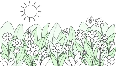 Página para colorear en blanco y negro de un campo de margaritas con mariposas y sol, lista para la placa de color.