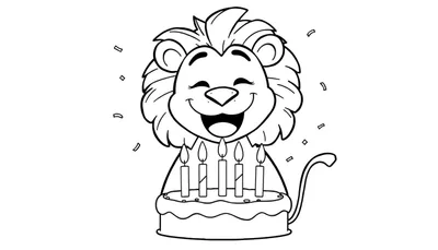 Placa de color de un león sonriente soplando cinco velas en un pastel de cumpleaños.