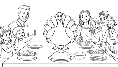 Ilustración en blanco y negro de una familia reunida alrededor de una mesa de Acción de Gracias, con un pavo y comida, para colorear.