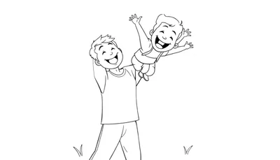 Dibujo lineal de un padre sonriente levantando a su hijo feliz en el aire, ambos disfrutando, con hierba de fondo. Placa de color.