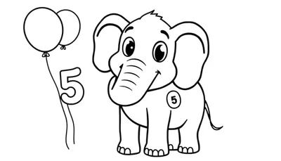 Elefante amigable con el número 5 y globos, listo para colorear en una placa de color.