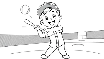 Un niño sonriente listo para batear una pelota de béisbol en una imagen en blanco y negro de la placa de color.