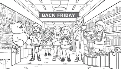 Placa de color de una familia feliz comprando regalos de Black Friday en una tienda colorida.