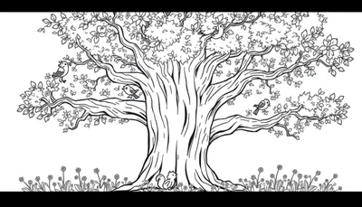 Un dibujo lineal en blanco y negro de un gran árbol amigable con ramas para colorear, con pájaros, una ardilla y flores.