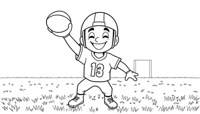 Un niño sonriente con el número 13 en su camiseta, listo para jugar fútbol americano, en una página para colorear en blanco y negro con una portería al fondo.