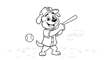 Perro animado con gorra 'W' y uniforme de béisbol, listo para batear. Placa de color para dibujar.