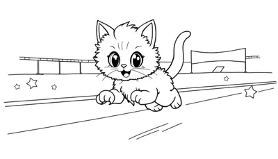 Placa de color de un gatito lindo corriendo con las patas extendidas en una pista de carreras.