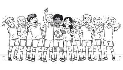 Placa de color de un equipo de fútbol infantil celebrando con un pulgar hacia arriba y un balón.