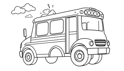 Un autobús escolar de dibujos animados en blanco y negro con grandes ruedas y nubes de caricatura alrededor, listo para ser coloreado. Es una placa para colorear.
