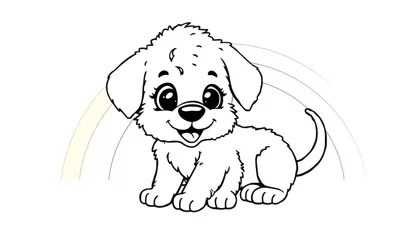 Un cachorro blanco y negro sentado frente a un arcoíris parcial para colorear, una placa de color esperando ser pintada.
