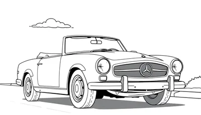 Un coche clásico Mercedes-Benz descapotable listo para colorear, con su placa de color esperando.