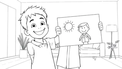 Placa de color: niño feliz sosteniendo un dibujo para su papá.