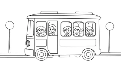 Placa de color de un autobús escolar con niños sonriendo mirando por las ventanas.