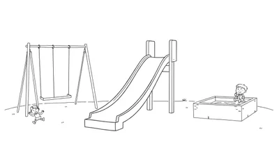Página de colorear: un dibujo lineal de un parque infantil con columpios, un tobogán y un arenero, listo para ser coloreado.