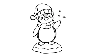 Un pingüino de dibujos animados con gorro y bufanda saludando, listo para colorear en esta placa de color.