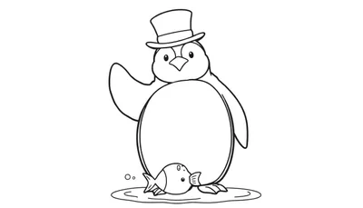 Una placa de color de un pingüino con sombrero saludando, con un pez y burbujas.