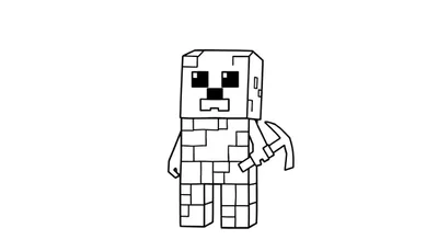 Placa de color: Dibujo lineal de un personaje de Minecraft con aspecto de roca sosteniendo un pico.