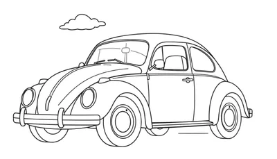 Un Volkswagen escarabajo clásico dibujado para colorear, con una nube sonriente, listo para que le des vida con la placa de color.