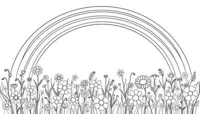 Un campo de flores dibujado en blanco y negro, con un arcoíris de líneas curvas encima, perfecto para colorear con la placa de color.
