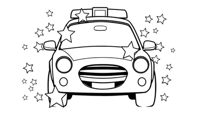 Un coche de policía de dibujos animados listo para ser coloreado, con muchas sirenas y estrellas flotando a su alrededor.