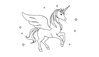Un unicornio alado con un cuerno brillante y alas desplegadas, rodeado de estrellas, listo para ser coloreado. Placa de color mágica.