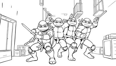 Placa de color de las Tortugas Ninja Adolescentes Mutantes lista para la acción, con armas levantadas en un entorno urbano.