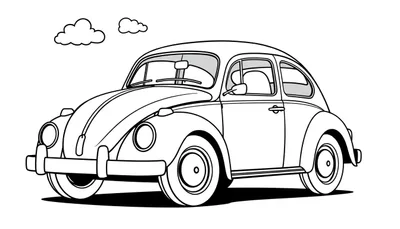 Un escarabajo Volkswagen clásico para colorear con líneas gruesas, listo para ser llenado con la placa de color.