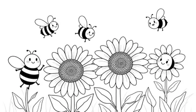 Página para colorear de una placa de color con abejas sonrientes y girasoles.