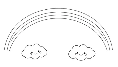 Un dibujo sencillo en blanco y negro de un arcoíris amigable y dos nubes sonrientes, listo para colorear. Cada arco de la placa de color es paralelo.