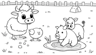 Placa de color de granja con vaca, pollito y cerdos.