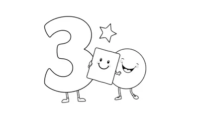 Una placa de color para colorear con un número 3, una estrella, un cuadrado y un círculo sonrientes.