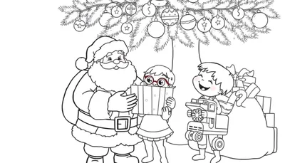 Placa de color de Navidad: Papá Noel sonriente con regalos y niños.