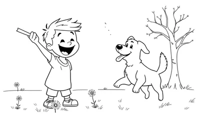 Placa de color: niño y perro jugando en el parque.