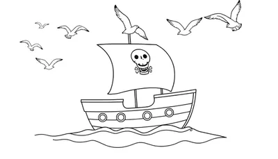 Placa de color de un barco pirata amigable en el mar con gaviotas.
