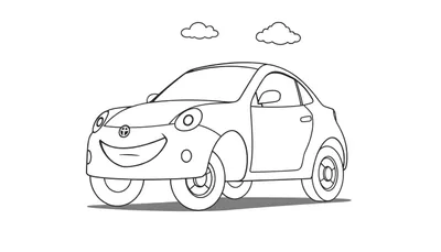 Un coche Toyota sonriente listo para colorear en una placa de color, con ruedas grandes sobre un fondo blanco.
