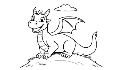 Dragón de caricatura amigable sentado en hierba, con la boca abierta en una gran sonrisa, listo para colorear con lápices de colores. Una pequeña nube flota sobre él. Diseño de línea simple para colorear.